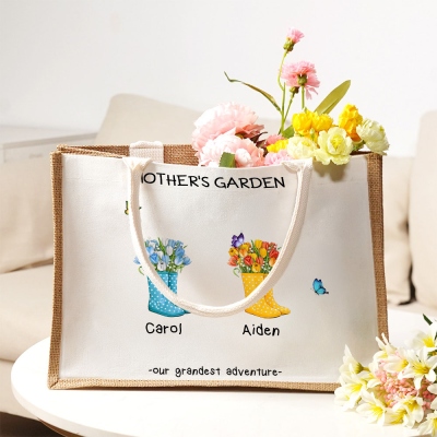 Custom Names Floral Garden Boots Tote Bag, Large Capacity Women's Jute Handbag with Canvas Handle, Birthday/Mother's Day Gift for Her/Mom/Grandma