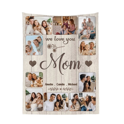 Personalized We Love You Mom Blanket with 10 Photos, Custom Name Flannel Sherpa Family Blanket, Mother's Day/Birthday Gift for Mom/Grandma/Her