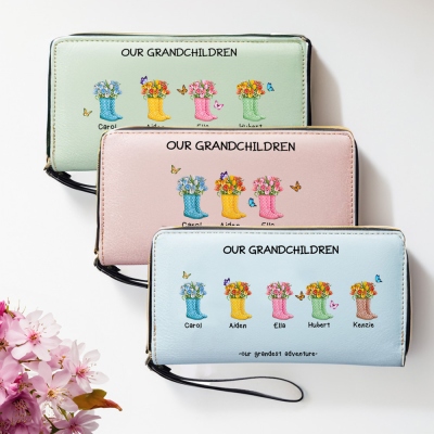 Personalized Names Floral Garden Boots Design Wallet, Women's Clutch Purse with Wrist Strap, PU Leather Cellphone Wallet, Gift for Her/Mom/Grandma