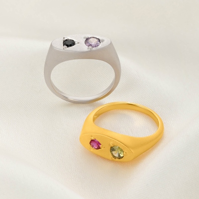 Personalized Double Birthstone Vintage Signet Ring, Dainty Sterling Silver Gemstone Jewelry, Birthday/Mother's Day Gift for Mom/Grandma/Her