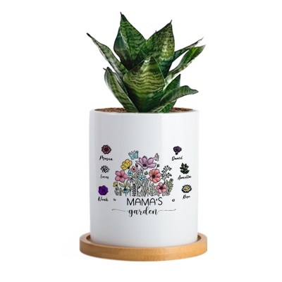 Personalized Names & Birth Flowers Grandma's Garden Plant Pot, Ceramic Planter with Drainage & Bamboo Tray, Birthday/Mother's Day Gift for Mom/Grandma