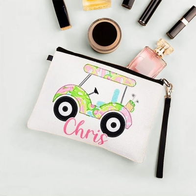 Personalized Golf Cart Makeup Bag with Name and Wrist Strap, Portable Golf Linen Cosmetic Bag, Team/Birthday Gift for Golf Lovers/Coach/Women