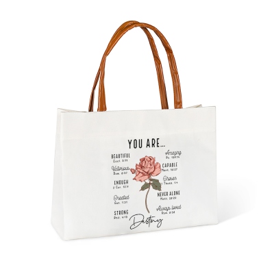 Personalized Name Birth Flower Bible Verses Tote Bag, Large Capacity Canvas Handbag with Leather Handle, Christmas/Birthday Gift for Her/Mom/Women