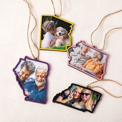 Custom Photo US State Silhouette Ornament, Wooden Photo Frame Charm for Christmas Tree/Rearview Mirror, Housewarming/Christmas Gift for Family/Friends
