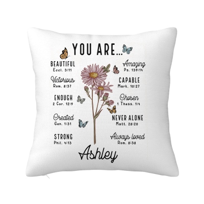 Personalized Name Birth Flower Bible Verses Pillowcase, Pillow Cover with Optional Insert, Home Decor, Christmas/Birthday Gift for Her/Mom/Women