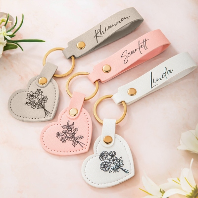 Personalized Name Birth Flower Keychain, Leather Floral Heart Keyring, Name Tag Bag Charm, Birthday/Mother's Day Gift for Her/Mom/Family/Friends