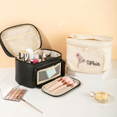 Custom Name Birth Flower Toiletry Bag, Multi-layer PU Leather Cosmetic Bag with Bow Handle, Birthday/Mother's Day/Wedding Gift for Her/Mom/Bridesmaids
