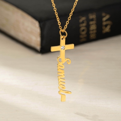 Personalized Cross Name Necklace with Birthstone, Sterling Silver 925 Dainty Christian Jewelry, Birthday/Christening Gift for Her/Mom/Grandma/Women