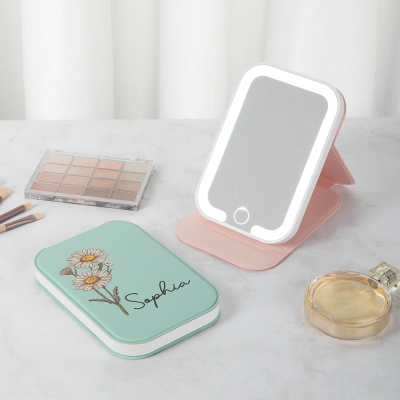 Custom Name Birth Flower Compact Mirror with Three-Color LED Light, Travel Makeup Mirror Mini Vanity Mirror, Birthday/Wedding Gift for Her/Bridesmaids