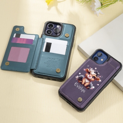 Custom Name Cartoon Highland Cow Girl Phone Case with Card Holder, RFID Blocking Kickstand Shockproof Wallet Case for iPhone/Samsung, Gift for Women/Girls