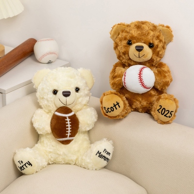 Personalized Name Sports Teddy Bear Stuffed Animal, Plush Bear Holding Baseball/Softball/Volleyball/Rugby/Basketball, Gift for Kids/Sports Lovers