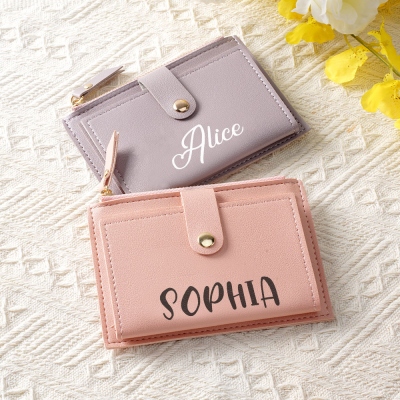 Personalized Name Mini Wallet, Women's Leather Wallet, Travel Card Holder, Bridal Shower Favor, Birthday/Mother's Day Gift for Her/Mom/Women