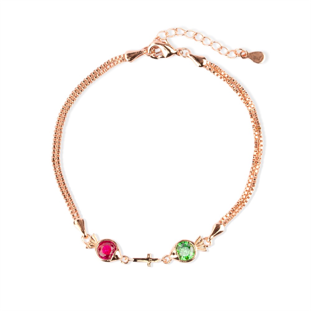 Personalized Double Fish Cross Birthstone Bracelet, Customizable Faith and Blessing Jewelry, Unique Birthday or Special Occasion Gift