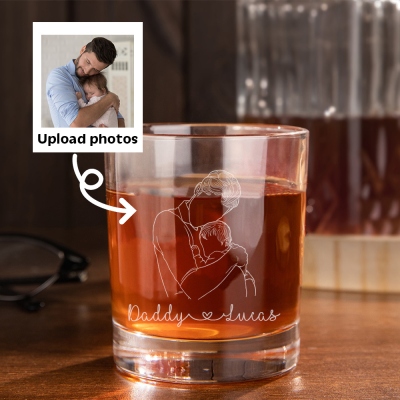 Personligt namn och porträttkontur för farsvinglas, herrglas i 28 cl whisky, gammaldags glas, födelsedags-/fars dagspresent till pappa/honom/make