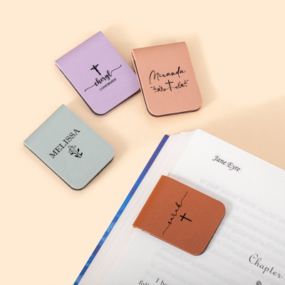 Marcapáginas magnético de cuero con cruz y nombre personalizado, clip para marcapáginas cristiano, accesorio para libros, regalo de Pascua/Navidad para amantes de la lectura/lectores de la Biblia