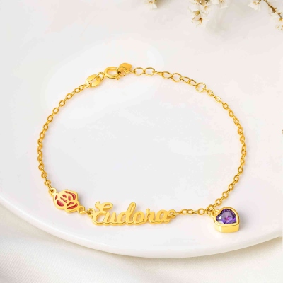 Personalized Birth Flower & Heart Birthstone Bracelet with Name, Sterling Silver 925 Adjustable Bracelet, Mother's Day/Birthday Gift for Her/Mom/Women