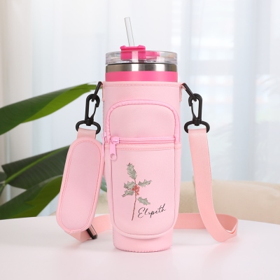 Personalized Name Birth Flower Tumbler Carrier Bag with Pouch, Cup Holder Pouch with Strap, Compatible with 40oz Tumbler, Gift for Women/Girls
