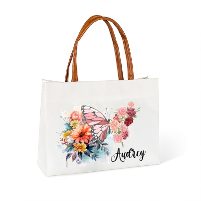 Personalized Name Birth Flower Butterfly Tote Bag, Large Capacity Canvas Bag with Leather Handle, Birthday/Mother's Day Gift for Her/Mom/Women
