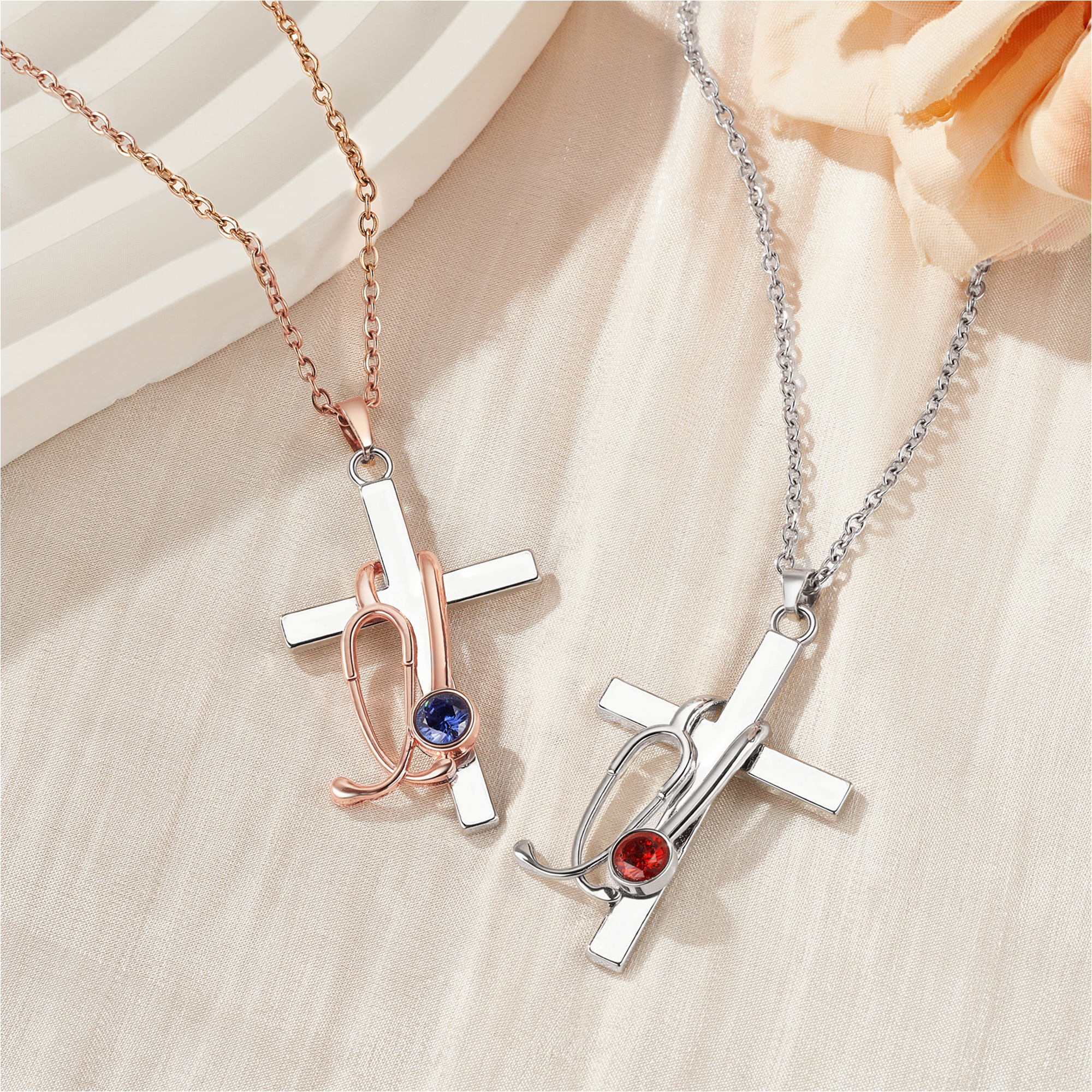 Personalized Birthstone Stethoscope Cross Necklace, Dainty