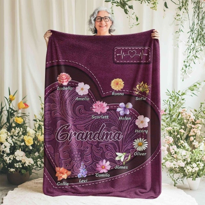 Personalized Names & Birth Flowers Heart Family Blanket, Flannel/Sherpa Soft Bed Couch Throw, Home Decor, Birthday/Mother's Day Gift for Mom/Grandma