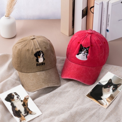 Personlig broderad basebollkeps med husdjursfoto och namn, justerbar truckerkeps i bomull med vintage-motiv för husdjur, present till hundmamma/kattpappa/djurälskare