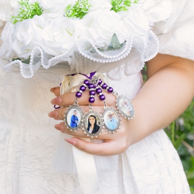 Personalized Photo/Text Bridal Bouquet Charm with Beads & Ribbon, Photo Collage Memory Charm, Something Blue Something Old, Wedding Gift for Brides