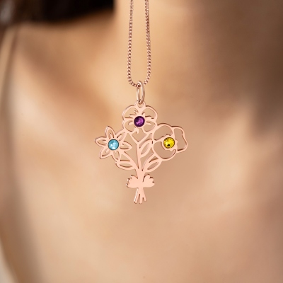 Custom Multiple Birth Flower Bouquet Necklace with Birthstone, Family Necklace, Women's Jewelry, Birthday/Mother's Day Gift for Her/Mother/Grandma