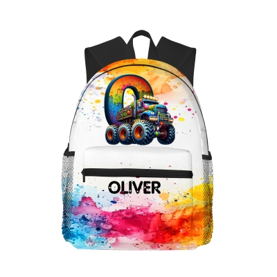 Personalized Name & Initial Colorful Giant Truck Backpack, Oxford Cloth Kids' Bag with Mesh Side Pockets, Back to School/Birthday Gift for Kids/Boys