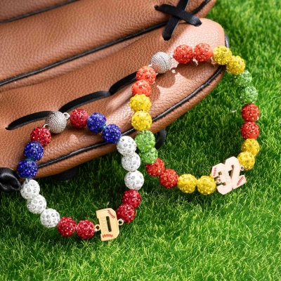 Personalized Number/Initial Baseball Rhinestone Beaded Bracelet with Name, Sports Accessory, Birthday Gift for Baseball Lovers/Players/Teammates