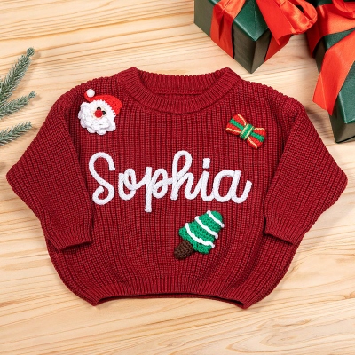 Personalized Name Embroidered Christmas Baby Sweater with Doll, Multicolor Kid's Knitted Jumper, Holiday Costume, Christmas Gift for Newborns/Toddlers
