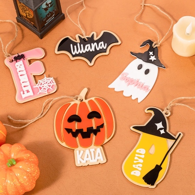 Personalized Name/Initial Halloween Pumpkin/Bat/Ghost/Wizard Boo Basket Tag, Trick or Treat Candy Basket Decor, Halloween Gift for Kids/Boys/Girls