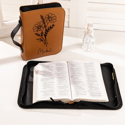 Custom Name Birth Flower Bible Cover, Leather Book Bible Case with Handle & Zipper, Birthday/Christening/Christmas Gift for Christian Family/Friends