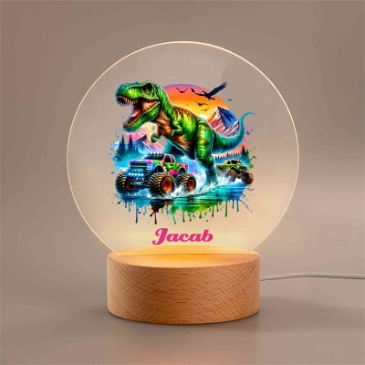 Personalized Dinosaur Truck Night Light with Name, Acrylic Night Lamp with Wooden Base, Home Decor, Birthday/Christmas Gift for Boys/Kids
