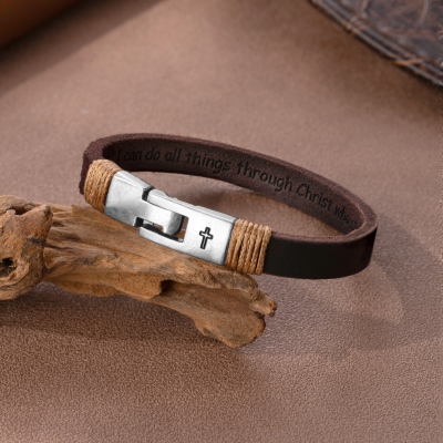Unisex Cross Leather Bracelet For Men Personalized Gift For Husband Anniversary Dad Engraved Religious Jewelry For Him Men Custom Bracelets