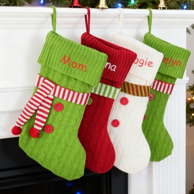 Personalized Name 3 Color Scarf Christmas Stocking, Family Knitting Stocking with Name, Holiday Party Favor Home Decor, Christmas Gift for Family/Kids