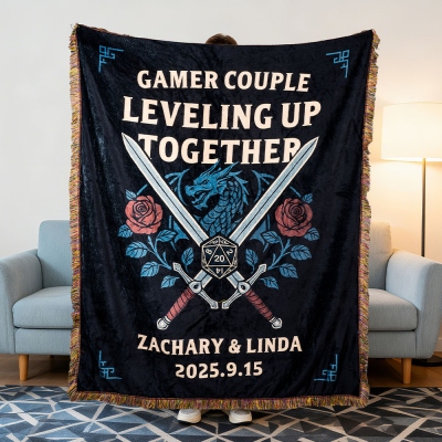 Personalized D&D Couple Blanket – Custom Date Flannel Throw with Dragon and Dice Design, Anniversary Gift for Gamers