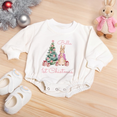 Personalized Name Peter Rabbit Baby's 1st Christmas Bodysuit, Cotton Long Sleeve Baby Onesie with Bow Headband & Socks, Christmas Gift for Baby Girls