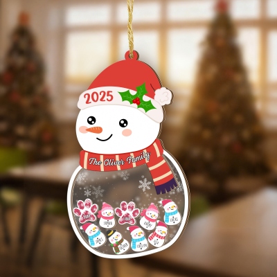 Personalized Snowman Family Christmas Shaker Ornament with Names, Wooden Acrylic Holiday Tree Hanging Decor, Xmas Keepsake, Christmas Gift for Family