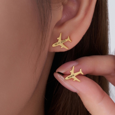 Custom Engraved Tiny Airplane Stud Earrings, Sterling Silver 925 Minimalist Earrings, Gifts for Travel Lovers/Cabin Crew/Pilots/Aviation Enthusiasts