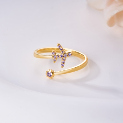 Custom Birthstone Airplane Ring, Sterling Silver 925 Dainty Adjustable Ring, Gift for Travel Lovers/Pilots/Flight Attendants/Aviation Enthusiasts