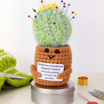 Personalized Name Crochet Emotional Support Cactus Pincushion with Magnetic Storage Box, Sewing Supplies, Gift for Quilting Sewing Enthusiasts