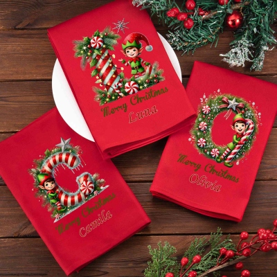 Custom Name Christmas Elf & Candy Cane Napkin, Party Dinner Red Napkin, Dish Towel, Kitchen Accessory, Housewarming/Christmas Gift for Hostess/Family