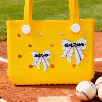 Personalized Sports Bow Bogg Bag Charm with Name, Baseball/Basketball/Football/Volleyball Accessory for Handbag, Gift for Sports Moms/Sports Lovers