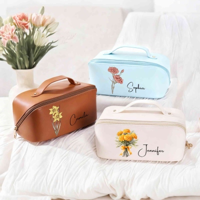 Personalized Name Birth Flower Travel Makeup Bag, Open Flat Leather Cosmetic Bag with Divider & Handle, Bridal Shower Favor, Gift for Her/Mom/Women