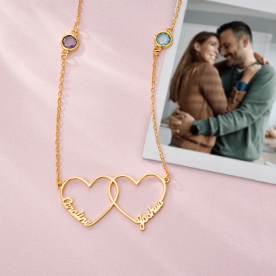 Personalized Two Intertwined Hearts Necklace with Names & Birthstones, Dainty Women's Jewelry, Valentine's Day/Mother's Day/Birthday Gift for Her/Mom
