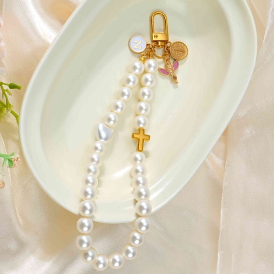 Personalized Angel Cross Pearl Keychain with Initial, Prayer Beaded Wristband, Bag Accessory, Confirmation/Baptism/Christmas Gift for Christian Women