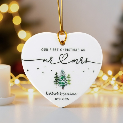 Personalized Names & Year 1st Christmas as Mr & Mrs Ornament, Ceramic Heart Christmas Tree Hanging Decor, Housewarming/Christmas for Newlyweds/Couples