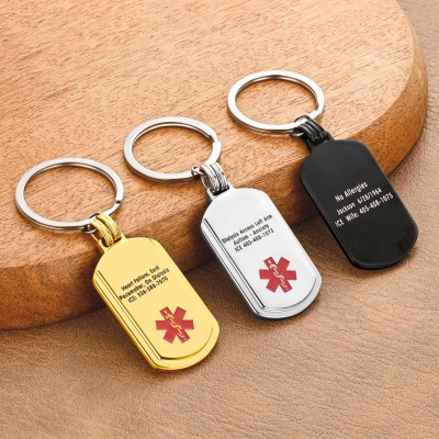 Custom Engraved Medical Alert ID Dog Tag Keychain, Stainless Steel Medical Keyring, Allergy Diabetes Emergency Charm, Gift for Dad/Men/Patients