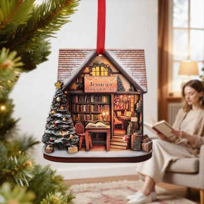 Personalized Name 3-Layer Wooden Bookstore in Snow Christmas Ornament, Bookish Hanging Decor, Christmas Gift for Book Lovers/Readers/Librarians