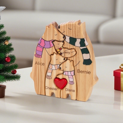 Personalized Scarfed Hug Bear Family Puzzle with 2-8 Names & Red Heart, Wooden Family Decoration, Mother's Day/Housewarming/Christmas Gift for Family